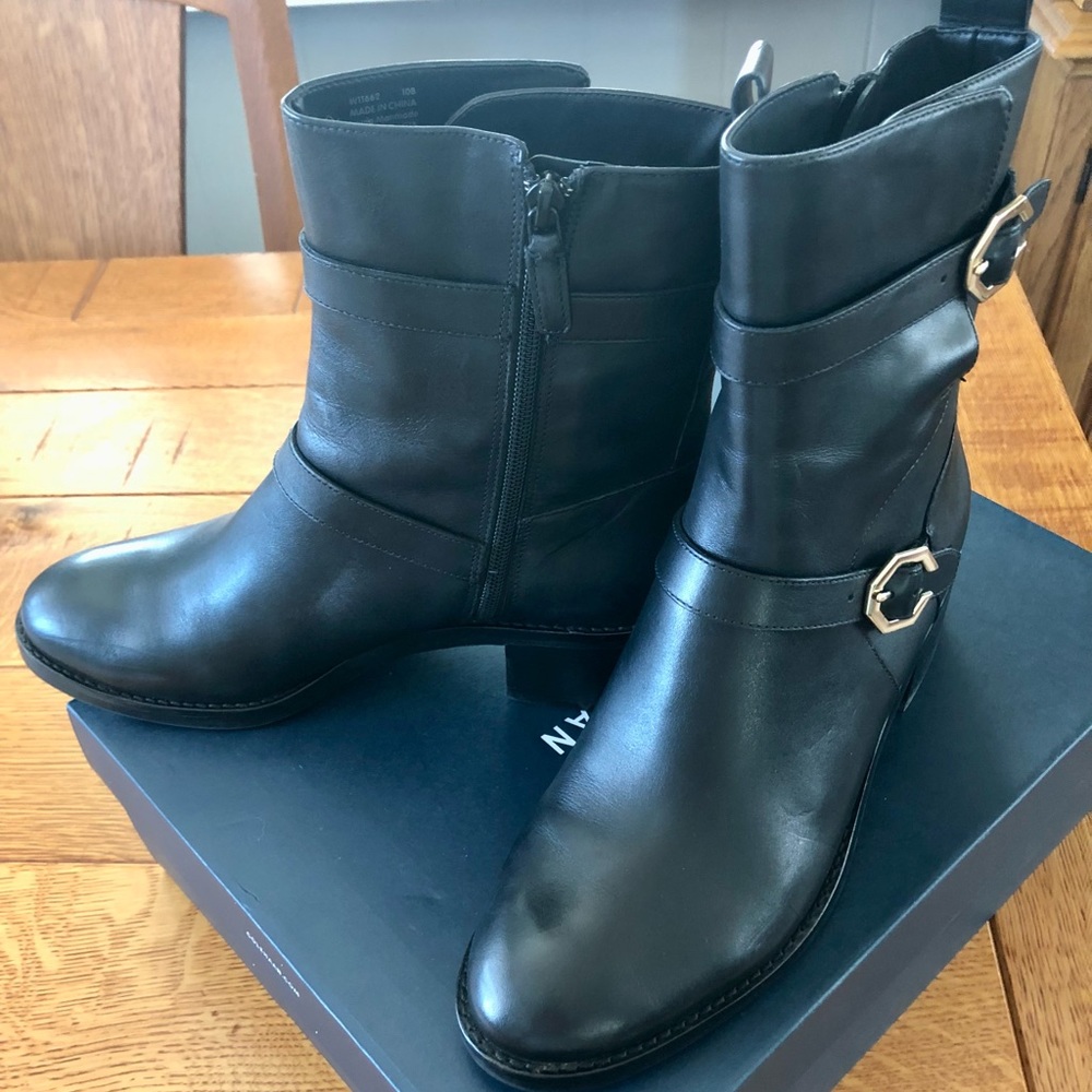 Cole Haan black leather boots with zipper, two buckles & 1.5 inch heel